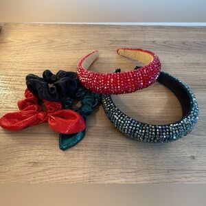 Holiday Hair Accessories Bundle - Rhinestone Headbands & Bow Scrunchies (5 pcs)